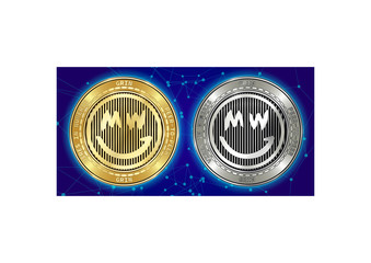 Golden and silver GRIN cryptocurrency coins on background of blockchain