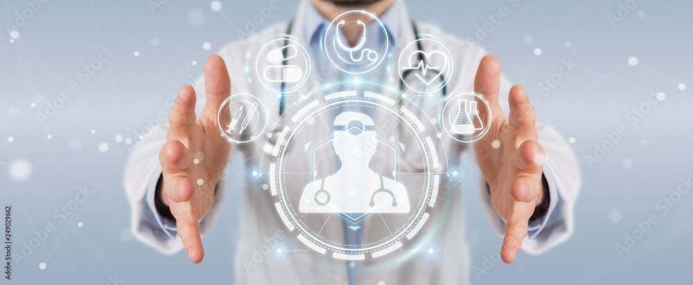 Poster Doctor using digital medical futuristic interface 3D rendering