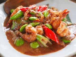 Stir Fried Shrimp with Sataw and Shrimp Paste, Thai Southern style food called 