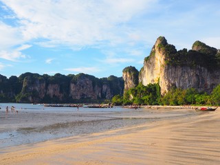 Landscape view of mountain and sea beach at Railay beach, Krabi province, Thailand