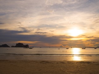 Landscape of sunrise on the sea beach at Lanta island, Krabi province, Thailand