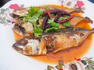 Boiled mackerel fish in the sweet sauce Thai cuisine in the restaurant 