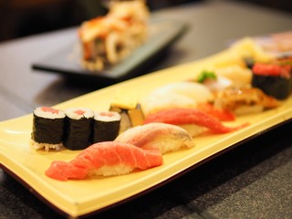 Plate of raw sushi with the various fish selling in the famous restaurant in Otaru city, Hokkaido, Japan