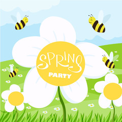 Spring party cartoon landscape with trees and clouds and flowers