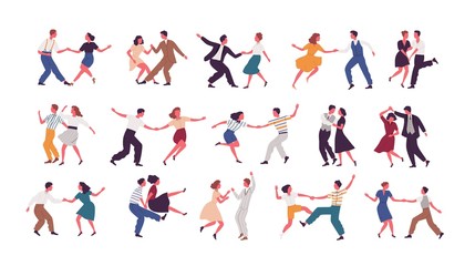 Fototapeta na wymiar Bundle of pairs of dancers isolated on white background. Set of men and women dancing Lindy hop or Swing. Male and female cartoon characters performing dance at school or party. Vector illustration.