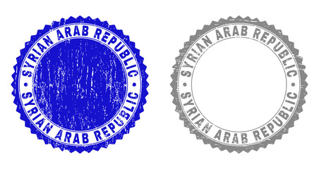 Grunge SYRIAN ARAB REPUBLIC stamp seals isolated on a white background. Rosette seals with distress texture in blue and grey colors.