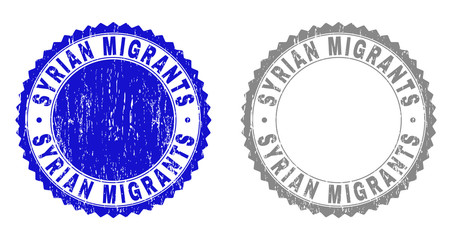 Obraz premium Grunge SYRIAN MIGRANTS stamp seals isolated on a white background. Rosette seals with grunge texture in blue and grey colors. Vector rubber stamp imprint of SYRIAN MIGRANTS label inside round rosette.