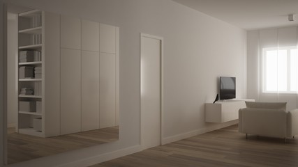 Big square mirror in minimalistic white one bedroom apartment with parquet floor, reflecting home living room, white table with computer desktop, modern interior design