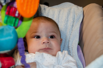 Cute tree months old newborn baby boy sitting in baby bouncer with bunny toy