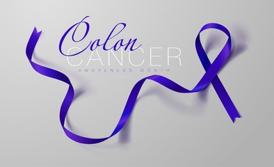 Colon Cancer Awareness Calligraphy Poster Design. Realistic Dark Blue Ribbon. March is Cancer Awareness Month. Vector