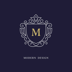 Capital letter M. Beautiful monogram. Elegant logo. Calligraphic design. Luxury emblem. Vintage ornament. Simple graphics style. Flourishes boutique brand. Creative Royal mark. Vector illustration