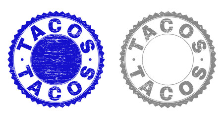 Grunge TACOS stamp seals isolated on a white background. Rosette seals with grunge texture in blue and grey colors. Vector rubber overlay of TACOS caption inside round rosette.