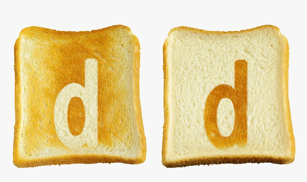 トーストに白い小文字のdと白いパンに小文字のdの焼き目が入った2枚のパン