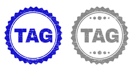Grunge TAG stamp seals isolated on a white background. Rosette seals with grunge texture in blue and gray colors. Vector rubber overlay of TAG inside round rosette. Stamp seals with dirty styles.