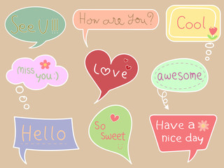 Colorful pastel speech bubble with text on brown isolated background. Sweet and cute vector art pattern for chat, message, template, sticker and other design in minimal trendy vintage retro concept.