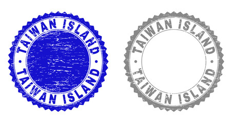 Grunge TAIWAN ISLAND stamp seals isolated on a white background. Rosette seals with grunge texture in blue and grey colors. Vector rubber overlay of TAIWAN ISLAND title inside round rosette.