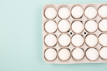Eggs in egg box on mint background
