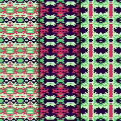 Set of 3 seamless patterns tribal design. Ethnic textile prints. Vector fashion backgrounds.
