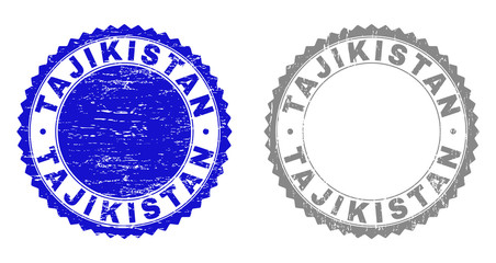 Grunge TAJIKISTAN stamp seals isolated on a white background. Rosette seals with grunge texture in blue and grey colors. Vector rubber stamp imitation of TAJIKISTAN tag inside round rosette.