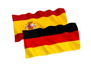 National fabric flags of Germany and Spain isolated on white background. 3d rendering illustration. 1 to 2 proportion.