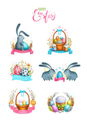 Watercolor set of compositions, illustrations Happy Easter. Template can be used in greeting postcards, business cards, posters, web. Isolated on white background. Hand drawn.