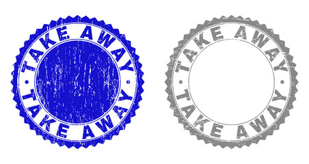 Grunge TAKE AWAY stamp seals isolated on a white background. Rosette seals with grunge texture in blue and gray colors. Vector rubber stamp imitation of TAKE AWAY caption inside round rosette.