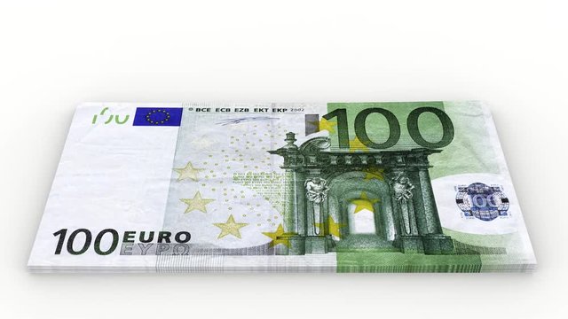 Animazione illustrazione 3D. Crescita pila di banconote da  cento euro su sfondo bianco.