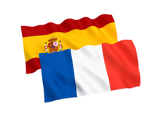 National fabric flags of France and Spain isolated on white background. 3d rendering illustration. 1 to 2 proportion.