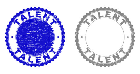 Grunge TALENT stamp seals isolated on a white background. Rosette seals with grunge texture in blue and gray colors. Vector rubber stamp imitation of TALENT text inside round rosette.