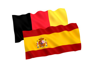 Obraz premium National fabric flags of Belgium and Spain isolated on white background. 3d rendering illustration. 1 to 2 proportion.