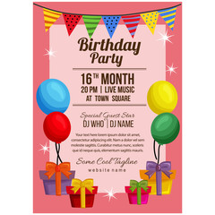 birthday party poster template with balloon flag present