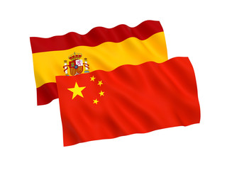 National fabric flags of Spain and China isolated on white background. 3d rendering illustration. 1 to 2 proportion.