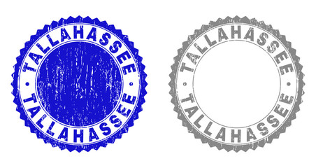 Grunge TALLAHASSEE stamp seals isolated on a white background. Rosette seals with grunge texture in blue and grey colors. Vector rubber watermark of TALLAHASSEE text inside round rosette.