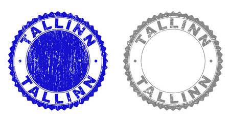 Grunge TALLINN stamp seals isolated on a white background. Rosette seals with grunge texture in blue and grey colors. Vector rubber stamp imprint of TALLINN text inside round rosette.