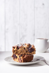 Homemade cake on white table