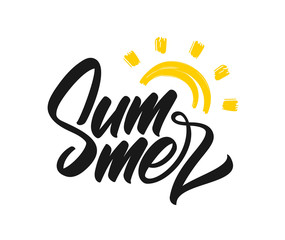 Vector illustration: Handwritten lettering composition of Summer with hand drawn brush sun