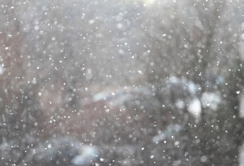 Obraz premium Snow in the city. New snowfall with big snowflakes in the city. Winter snow. Snowflake background texture. Winter wallpaper. Blizzard in midtown. Blurred winter background.