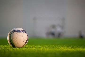 White ball is on the green grass on the football field