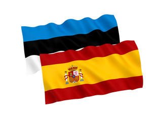 National fabric flags of Estonia and Spain isolated on white background. 3d rendering illustration. 1 to 2 proportion.