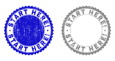 Grunge START HERE! stamp seals isolated on a white background. Rosette seals with grunge texture in blue and gray colors. Vector rubber stamp imprint of START HERE! label inside round rosette.