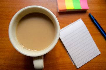 white coffee cup with drinked coffee on the wooden table of home office