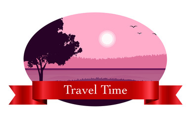 landscape in the frame, a graphic design element. Labels with the image of tree, grass, river, hills, forest, lake, reflection, fog, sun, sunrise, sunset, Perfect for sticker, label, emblem and logo.