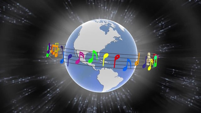 Animazione illustrazione 3D. Pentagramma musicale ruota attorno al mondo. Sullo sfondo l'universo costellato di note musicali..