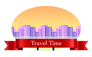 landscape in the frame, a graphic design element. Labels with the image of big city, lights, river, lack, reflection, bridge, grass. Perfect for sticker, label, emblem and logo.