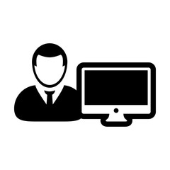 Admin icon vector male person user with computer monitor screen avatar in flat color in Glyph Pictogram Symbol illustration
