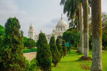 Beautiful green park with palm trees on the territory of the Victoria Memorial. Calcutta, India