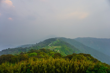 Panorama of the mountains and hills of the Indian Himalayas. Darjeeling, India