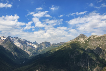 Closeup view mountains scenes in national park Dombai, Caucasus, Russia, Europe