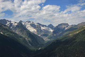 Fototapeta premium Closeup view mountains scenes in national park Dombai, Caucasus, Russia, Europe