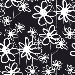 Abstract chalk flowers hand drawn seamless pattern